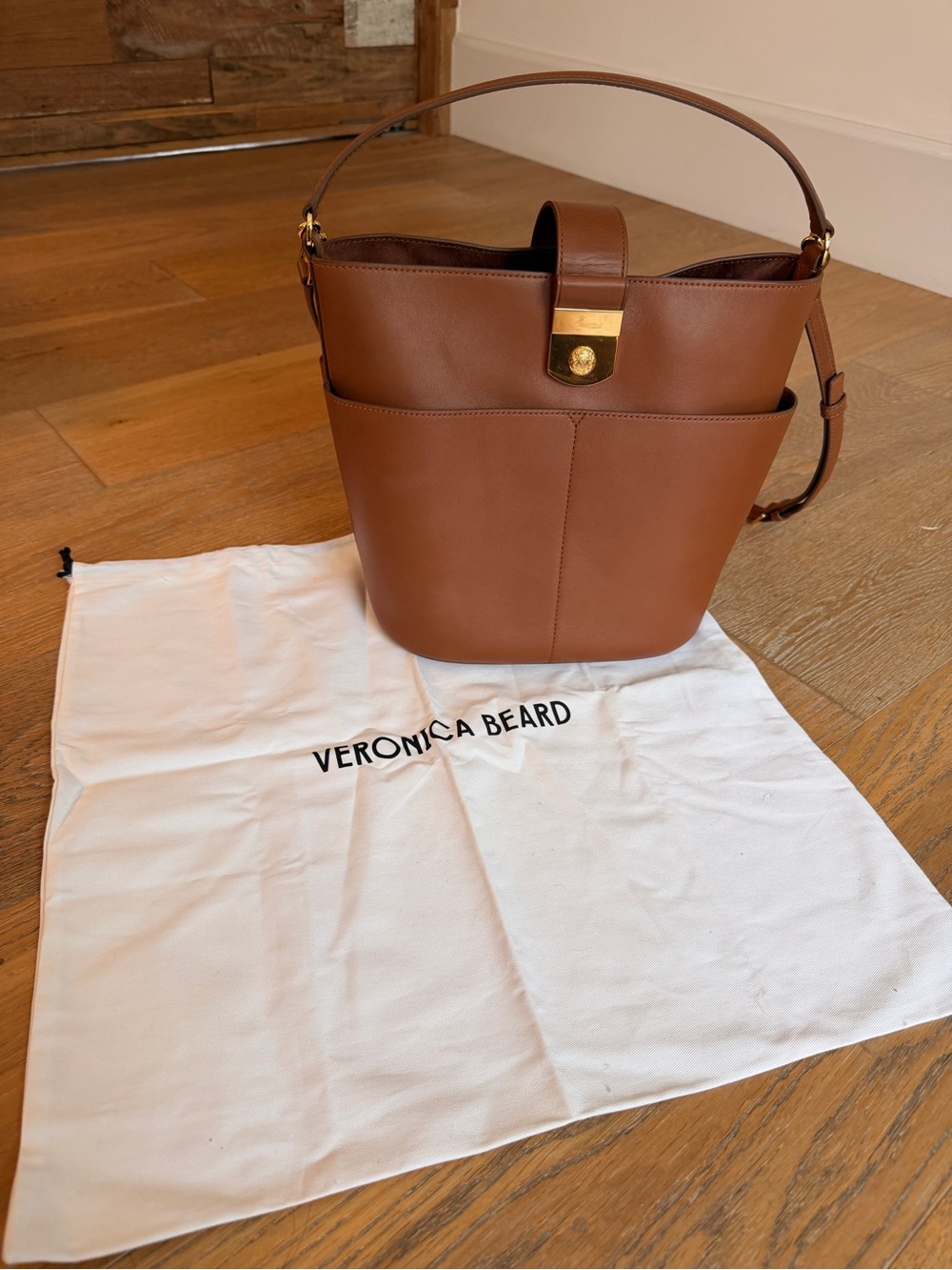 Veronica Beard Cognac Leather Bucket Bag with Gold Hardware